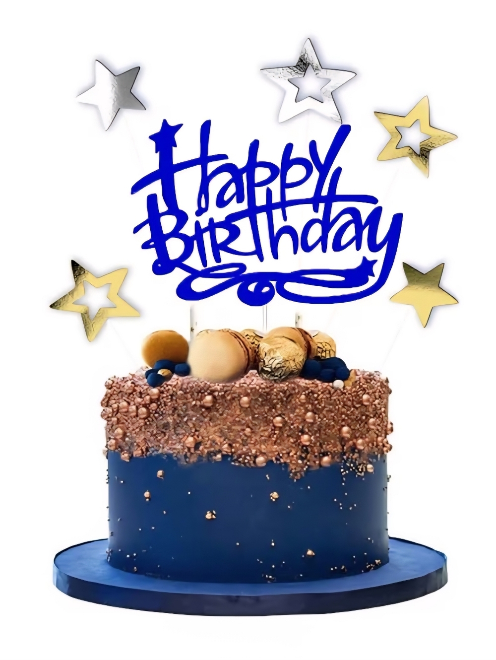 Birthday Cake Topper Set - Blue "Happy Birthday" with Gold & Silver Stars